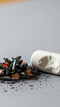 A vertical, high-detail commercial stock image capturing the physical artifacts of intense creativeの素材