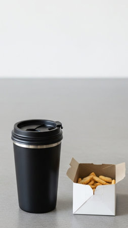Vertical Tall 9:16 visual concept of an abandoned personal moment. A full, lidded travel coffee mugの素材