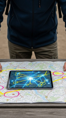 A vertical tall (9:16) full-body shot of a solitary traveler in hiking gear standing over a traditioの素材