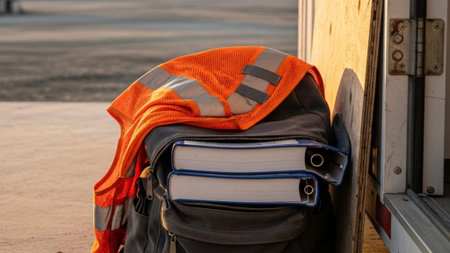 A cinematic ultrawide (16:9) photo capturing the dichotomy of an essential worker's life. A dusty saの素材