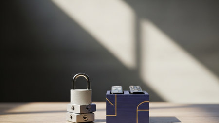 Panoramic 16:9 cinematic environmental shot of a digital detox setup. Three unused padlocks are stacの素材