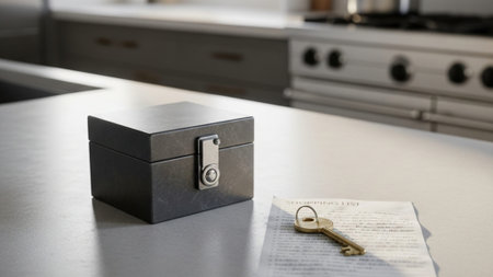 A cinematic wide shot (16:9) of a minimalist kitchen counter featuring a small, closed, locked metalの素材
