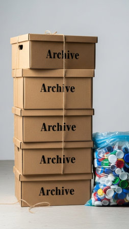 A tall, centered vertical composition emphasizing the juxtaposition of long-term paper documentationの素材