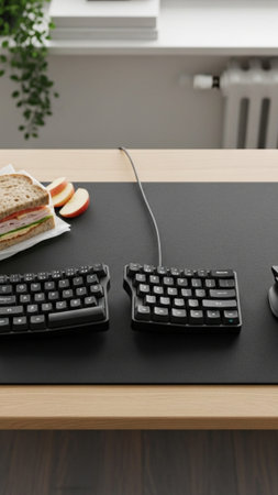 A tall, vertical 9:16 photographic concept showing a minimalist workspace featuring a split ergonomiの素材