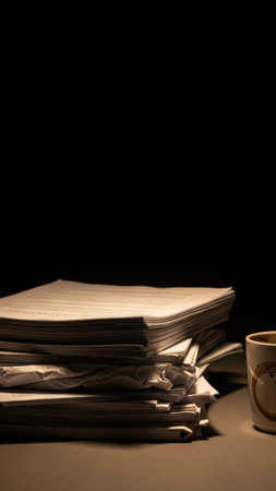 A tall, moody, vertical 9:16 composition focused on the residual elements of a late-night work sessiの素材