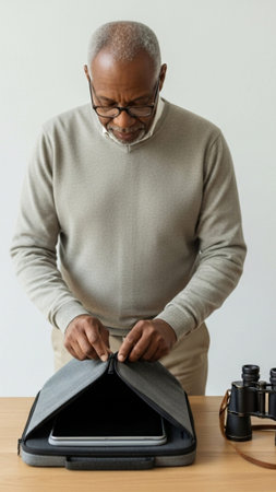 Intentional Digital Hibernation: A diverse senior man (70s) is meticulously zipping a highly durableの素材