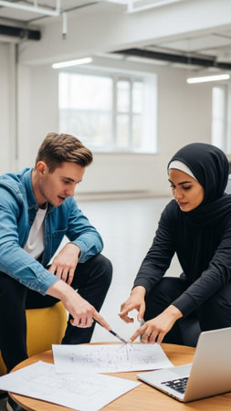 young muslim businesswoman pointing at blueprint while discussing with colleague in officeの素材