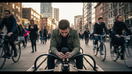 Cinematic wide shot (16:9) capturing an anxious, tattooed young man (30s) sitting hunched on a parkの素材