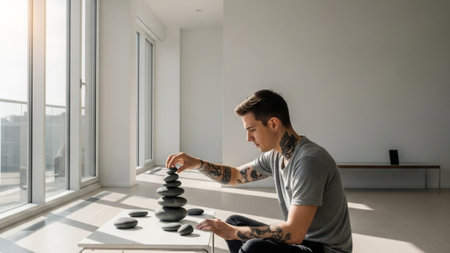 A cinematic ultrawide photograph showcasing a young man's digital detox practice in a spacious, miniの素材