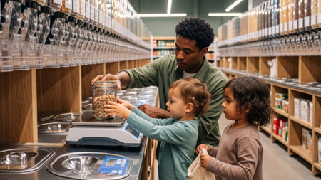 A cinematic wide shot (16:9) of a diverse family (parent and two small children) in the bulk food seの素材