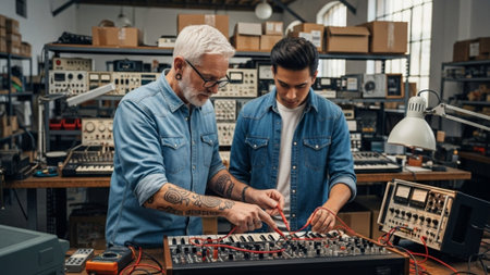 A cinematic 16:9 ultrawide environmental shot capturing a brightly lit, high-ceilinged vintage electの素材