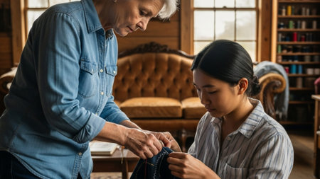 A cinematic wide environmental shot (16:9) capturing an intergenerational moment in a sunlit, vintagの素材