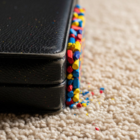 A square, macro photograph focusing on the exact point where the rigid corner of a dark, scuffed leaの素材