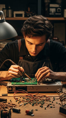 Vertical (9:16) full body cinematic photograph capturing a Gen Z technician standing at a workbench,の素材