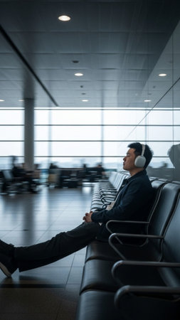 Businessman listening to music with headphones while sitting on chair in airportの素材