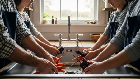 Young couple cooking together in kitchen at home. Man and woman are washing vegetables.の素材