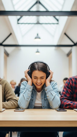 high angle view of happy student listening music in headphones while sitting in classroomの素材
