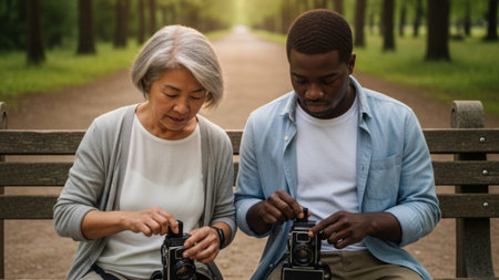 Senior couple looking at photos on vintage camera while sitting on bench in parkの素材