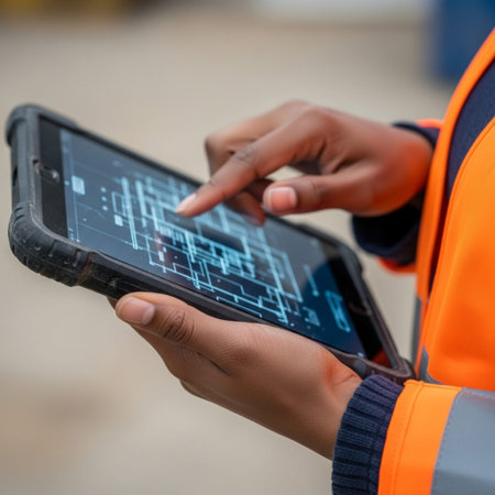 Close-up image of female engineer using tablet in construction site.の素材