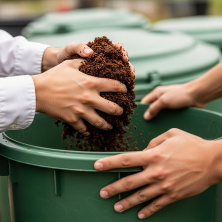 Close-up of male and female hands holding soil in recycling binの素材