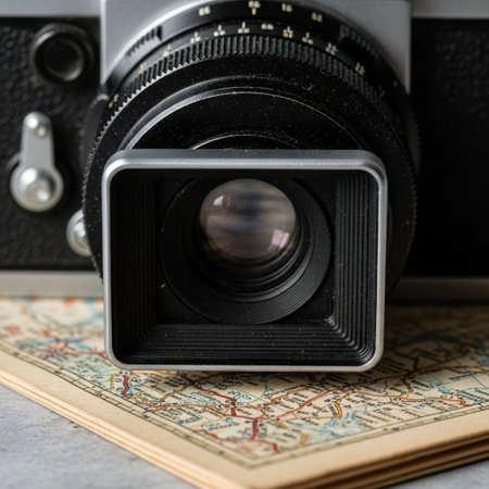 A hero detail shot focusing on the tactile textures of analog travel essentials. The tight square frの素材