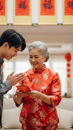 A photorealistic, vertical, full-body capture of a traditional Lunar New Year moment. An elderly Easの素材
