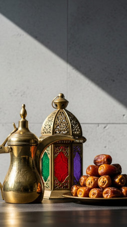 A vertical, tall 9:16 composition featuring a sharp, centralized tableau of Ramadan items (Dallah, Fの素材