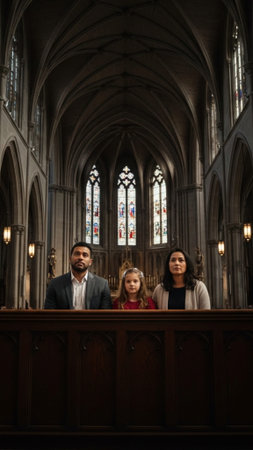 A vertical, full-body composition capturing a traditional family (mother, father, and young daughterの素材