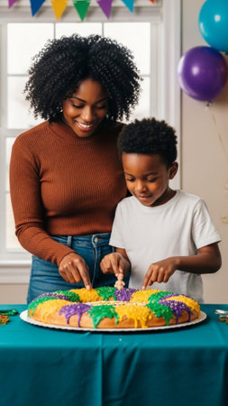 A full-body vertical shot (9:16) capturing a Black mother and her young son centered in the frame, sの素材