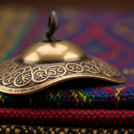 A square (1:1) cinematic detail shot focusing on the ornate, textured surface of a single brass fingの素材