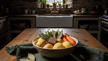 A cinematic, wide environmental shot (16:9 aspect ratio) of a traditional Irish cottage kitchen. Theの素材