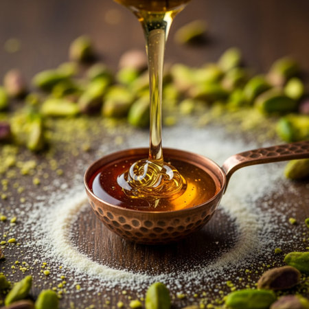 A focused square composition (1:1) capturing the 'hero detail' of rich, golden honey actively beingの素材