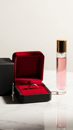 Luxury still life photograph, vertically oriented (9:16), featuring an open black jewelry box with aの素材