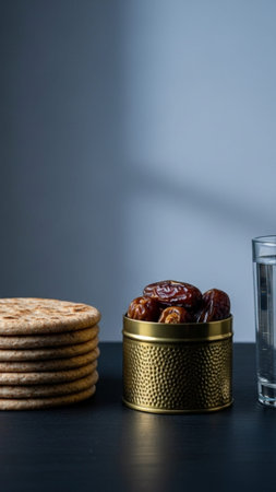 A striking 9:16 vertical still life showcasing the essence of Suhoor. The minimalist arrangement feaの素材