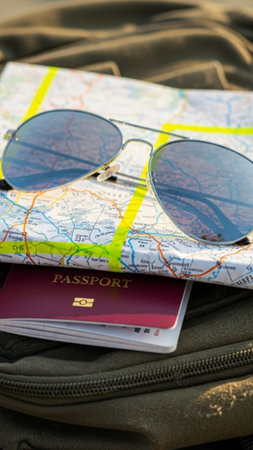 A striking vertical, tall 9:16 composition featuring a close-up of essential travel gear--a weatheredの素材