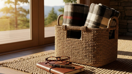 A cinematic environmental wide shot (16:9) capturing an analog self-care setup in a rustic cabin. Aの素材