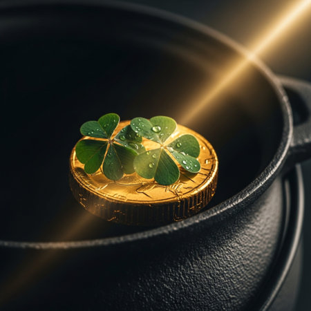 A tight, square composition centered on the intimate intersection of natural and metallic luck symboの素材