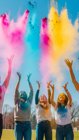 Dynamic, full-body vertical shot capturing four diverse friends celebrating Holi in a public park. Tの素材
