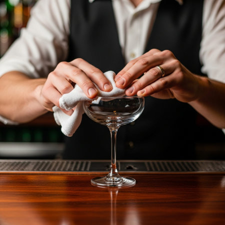A square, close-up photograph focused on a bartender's hands intensely polishing a crystal coupe glaの素材