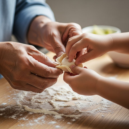 A focused, square-format close-up (Hero Detail) of the hands of an East Asian grandparent and grandcの素材