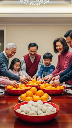 A vertical, full-body stock image capturing a multi-generational Asian family arranging symbolic fooの素材