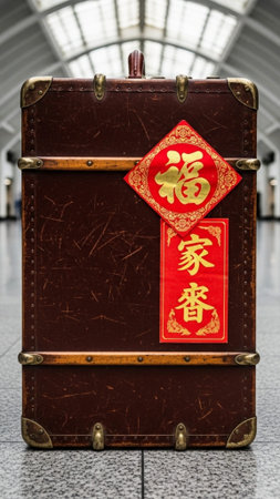 A striking vertical portrait of a massive, heavily worn dark brown leather suitcase (steamer trunk sの素材