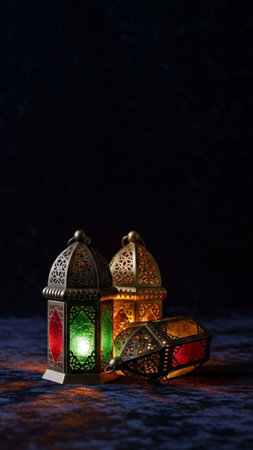 A vertical, tall 9:16 photographic concept focusing on the anticipation of Ramadan. Three polished bの素材