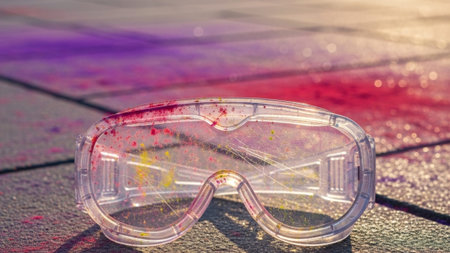 A cinematic wide environmental photograph capturing a pair of clear plastic safety goggles, heavilyの素材