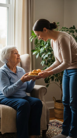 A vertical, full-body cinematic photograph of an adult daughter sharing soft, comforting pastries wiの素材