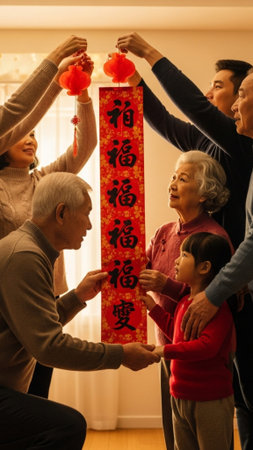 Editorial, vertical full body shot (9:16) capturing a multigenerational Asian family during Lunar Neの素材