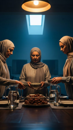 A vertical, full-body cinematic photograph of a mixed-generation family, including an older woman anの素材