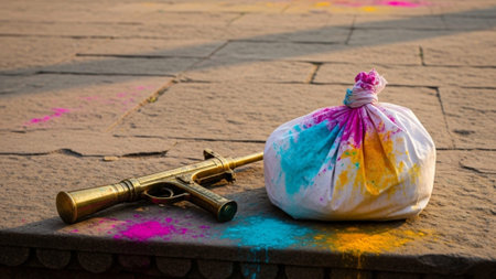 A cinematic environmental wide shot (16:9) capturing a still life of a tarnished brass pichkari andの素材