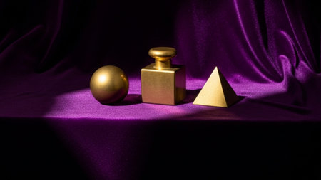 Brass geometric shapes (sphere, cube, pyramid) arranged on deep purple velvet under dramatic studio light, creating strong, sharp shadows. Cinematic 16:9.の素材