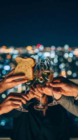 Two pairs of hands toast sparkling drinks on a dark rooftop against dreamy bokeh city lights. High contrast flash photography style.の素材